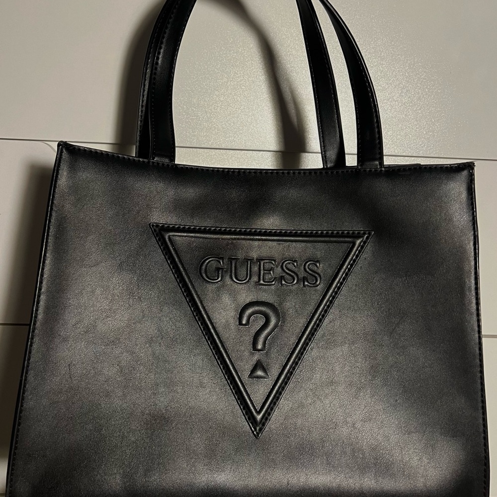 *Y2K UNUSED* GUESS Logo Black Leather Snap Tote Bag